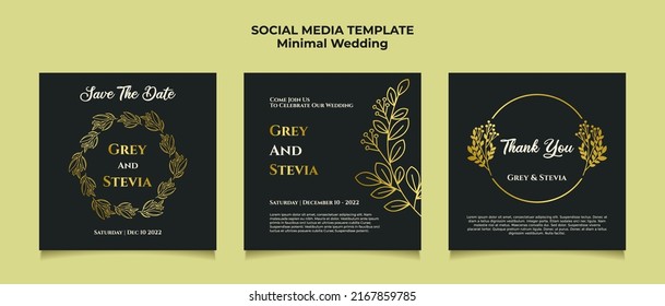 Minimal and luxury wedding invitation template for social media post with simple abstract background and flat vector floral ornament