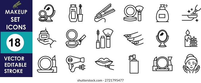 Conjunto de iconos de maquillaje mínimo que muestra herramientas de cosméticos, lápiz labial, máscara de pestañas, pinceles, polvo compacto, espejo, botella de perfume, cuidado de la piel, símbolos de rutina de belleza en estilo de contorno de Vector editable