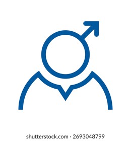 Ícono masculino mínimo en azul sólido con el símbolo de género y la forma de la corbata, ideal para la señalización de género, gráficos demográficos, temas de identidad o Elementos de interfaz de usuario modernos.