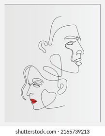 
MINIMAL MAN WOMAN FACES CONNECTED IN DIFFERENT DIRECTIONS ONE LINE ART DESIGN Continuous One Line Art Drawing of man woman faces. Valentines Day card, Vector illustration minimalistic style.