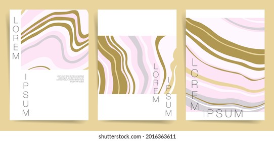 Minimal marble flyers set. Abstract watercolor marble poster templates for identity, fashion or modern banner, brochure, magazine. Artistic cover marble texture background. Vector pink, brown set.