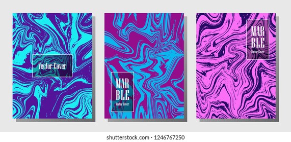 Minimal marble prints, vector cover design templates. Fluid marble stone texture iInteriors fashion magazine backgrounds  Corporate journal patterns set of liquid paint waves. Report covers.