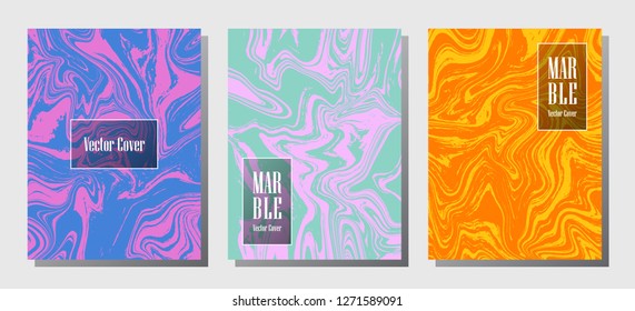 Minimal marble prints, vector cover design templates. Fluid marble stone texture iInteriors fashion magazine backgrounds  Corporate journal patterns set of liquid oil waves. Flyers, banners set.