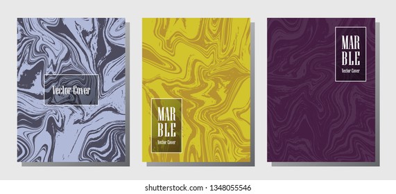 Minimal marble prints, vector cover design templates. Fluid marble stone texture iInteriors fashion magazine backgrounds  Corporate journal patterns set of liquid ink waves. Brochure covers set.