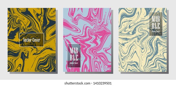 Minimal marble prints, vector cover design templates. Fluid marble stone texture iInteriors fashion magazine backgrounds  Corporate journal patterns set of liquid clay waves. Splash effect prints.