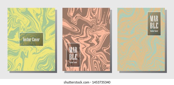 Minimal marble prints, vector cover design templates. Fluid marble stone texture iInteriors fashion magazine backgrounds  Corporate journal patterns set of liquid paint waves. Invitation cards set.