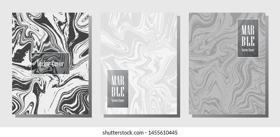 Minimal marble prints, vector cover design templates. Fluid marble stone texture iInteriors fashion magazine backgrounds  Corporate journal patterns set of liquid paint waves. Cover pages set.