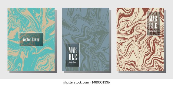 Minimal marble prints, vector cover design templates. Fluid marble stone texture iInteriors fashion magazine backgrounds  Corporate journal patterns set of liquid clay waves. Brochure covers set.