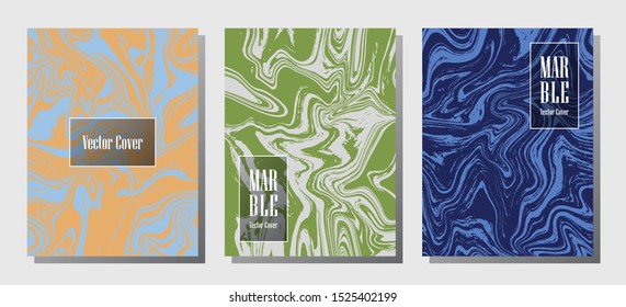 Minimal marble prints, vector cover design templates. Fluid marble stone texture iInteriors fashion magazine backgrounds  Corporate journal patterns set of liquid oil waves. Brochure covers set.