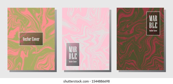 Minimal marble prints, vector cover design templates. Fluid marble stone texture iInteriors fashion magazine backgrounds  Corporate journal patterns set of liquid paint waves. Splash effect prints.