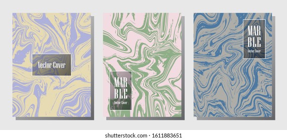 Minimal marble prints, vector cover design templates. Fluid marble stone texture iInteriors fashion magazine backgrounds  Corporate journal patterns set of liquid paint waves. Posters set.