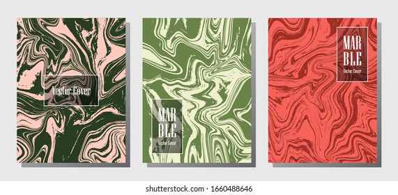 Minimal marble prints, vector cover design templates. Fluid marble stone texture iInteriors fashion magazine backgrounds  Corporate journal patterns set of liquid oil waves. Report covers.