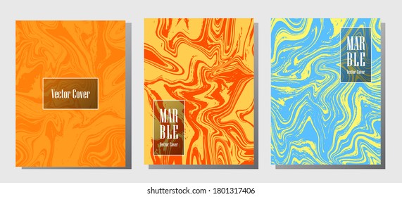 Minimal marble prints, vector cover design templates. Fluid marble stone texture iInteriors fashion magazine backgrounds  Corporate journal patterns set of liquid ink waves. Brochure covers set.