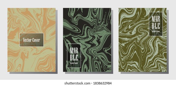 Minimal marble prints, vector cover design templates. Fluid marble stone texture iInteriors fashion magazine backgrounds  Corporate journal patterns set of liquid clay waves. Notebook prints set.