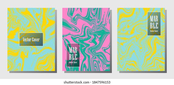 Minimal marble prints, vector cover design templates. Fluid marble stone texture iInteriors fashion magazine backgrounds  Corporate journal patterns set of liquid paint waves. Brochure covers set.
