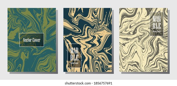 Impresiones de mármol mínimo, plantillas de diseño de portada vectorial. Textura de piedra de mármol fluido iInteriors fondo de la revista de moda Patrones de revistas corporativos conjunto de ondas de pintura líquida. Tarjetas de invitación establecidas.