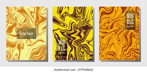 Minimal marble prints, vector cover design templates. Fluid marble stone texture iInteriors fashion magazine backgrounds  Corporate journal patterns set of liquid paint waves. Brochure covers set.