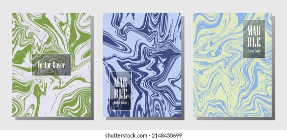 Impresiones de mármol mínimo, plantillas de diseño de portada vectorial. Textura de piedra de mármol fluido iInteriors fondo de la revista de moda Patrones de revistas corporativos conjunto de ondas de aceite líquido. Impresiones de efecto de salpicadura.