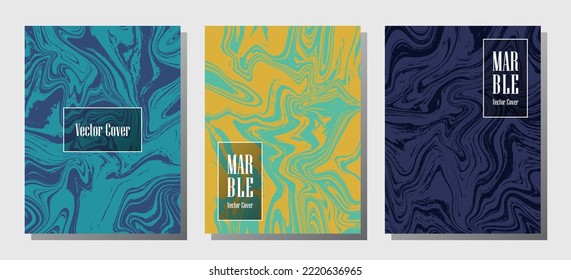 Minimale Marmordrucke, Vektorgrafik-Design-Vorlagen. Die Modemagazin-Hintergründe aus flüssigem Marmor-Stein-Textur iInteriors zeichnen die Zeitschriftenmuster von Corporate aus. Titelseiten-Set.