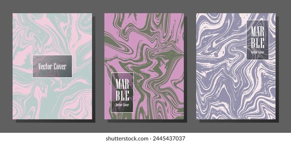 Minimal marble prints, vector cover design templates. Fluid marble stone texture iInteriors fashion magazine backgrounds  Corporate journal patterns set of liquid oil waves. Notebook prints set.
