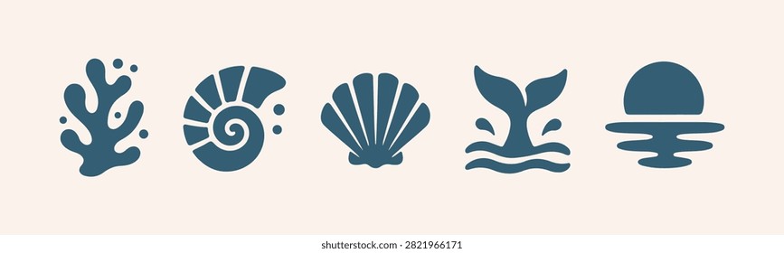 Minimal Marine Icon Collection Featuring Coral, Seashell, Whale Tail, Sunset, Nautilus Shell and Ocean Elements in Modern Flat Vector Style