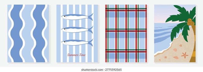 Minimal marine summer poster and pattern set vector. Hand drawn blue wave, beach chair, plaid textile and tropical island background design for video template, banner, coastal ads.