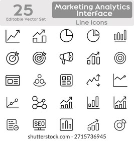 Ícones mínimos de interface de marketing e análise definidos para interface de usuário da Web e de aplicativos, apresentando 25 ícones de linha limpos e modernos que representam elementos de marketing digital, análise de dados e controle de desempenho. Inclui símbolos como gráficos de análise, setas de crescimento, gráfico de barras, gráfico de pizza, funil, destino, conversão, campanha, megafone, SEO, palavra-chave, relatório, painel, métricas, linha do tempo, público, compromisso, impressões, cliques, tendências e ferramentas de análise de dados. Projetado com espessura de traçado consistente, tampas de linha arredondadas, preto monocromático sobre fundo branco. Ideal para plataformas de marketing, painéis de análise, produtos SaaS, apresentações comerciais e projetos digitais que exigem ícones profissionais, escaláveis e compatíveis com vetores.
