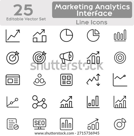Minimal marketing and analytics interface icons set for web and app UI, featuring 25 clean and modern line icons representing digital marketing, data analysis, and performance tracking elements. Includes symbols such as analytics charts, growth arrows, bar chart, pie chart, funnel, target, conversion, campaign, megaphone, SEO, keyword, report, dashboard, metrics, timeline, audience, engagement, impressions, clicks, trends, and data analysis tools. Designed with consistent stroke weight, rounded line caps, monochrome black on white background. Ideal for marketing platforms, analytics dashboards, SaaS products, business presentations, and digital projects requiring professional, scalable, vector friendly icons.