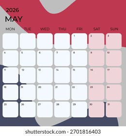 Plantilla mínima del calendario de mayo de 2026 con diseño Abstractas rojo y azul marino