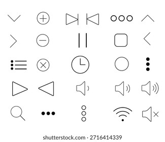 Controle de mídia mínimo Icon Set Vetor com Play Pause Parar Volume Pesquisar Relógio e Símbolos de Navegação para Interface de Aplicativo, Painel Web e Design de Software