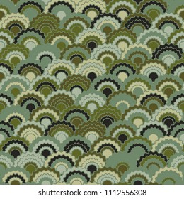 Minimal mermaid scales squama background, vector seamless fabric pattern, tiled textile print. Typical chinese squama scales seamless arc tiles design. Roof pattern.