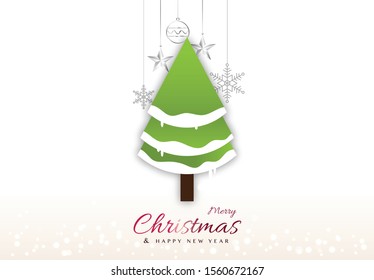 Minimal Merry Christmas design with christmas tree decoration paper cut and hanging background for greeting card covers, banner, headers, poster, postcard