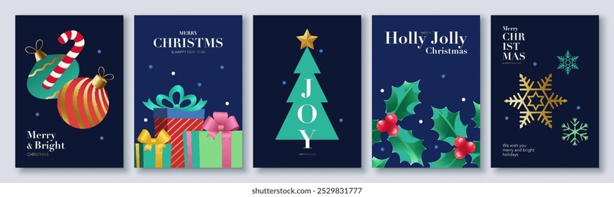 Minimal Merry Christmas and Happy Holidays greeting card set. with typography and  Christmas ornaments, snowflake, Christmas tree, gifts. Vector illustration