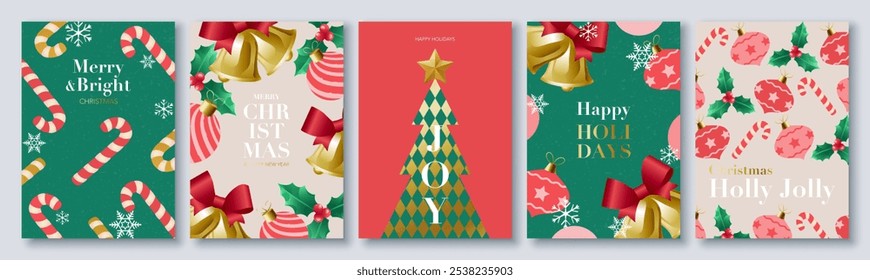 Minimal Merry Christmas and Happy Holidays greeting card set with typography and Christmas ornaments, holly, Christmas tree, candy cane. Vector illustration