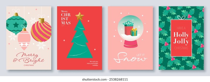 Minimal Merry Christmas and Happy Holidays greeting card set with typography and Christmas ornaments, holly, Christmas tree, snow globe. Vector illustration