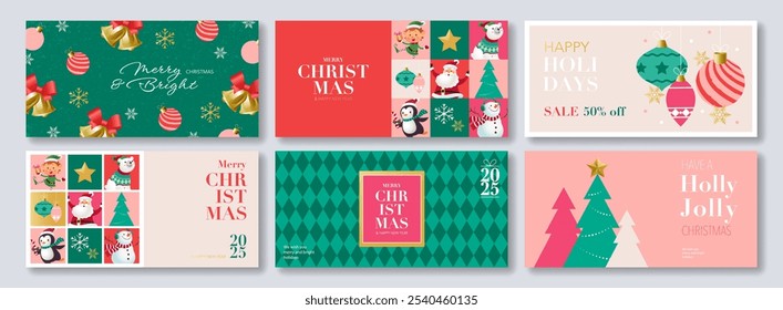 Minimal Merry Christmas and Happy Holidays greeting banner set with typography and Christmas ornaments and trees, Santa Claus and Christmas characters. Vector illustration