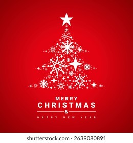 Minimal Merry Christmas and Happy New Year greeting card with white snowflake Christmas tree on red background, clean festive holiday design template