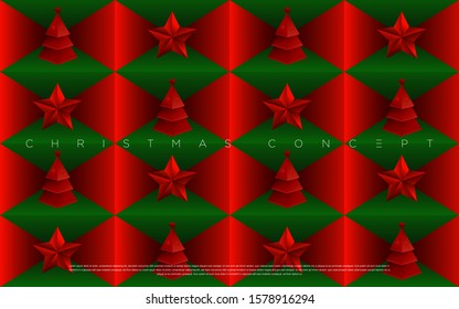 Minimal Merry Christmas pine tree and star pattern on the red background for greeting cards, mailing design, poster and new year elements design. Vector EPS.