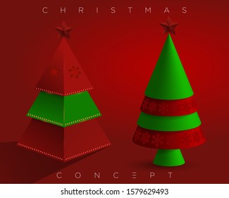 Minimal Merry Christmas pine tree on the red background for greeting cards, mailing design, poster and new year elements design. Vector EPS.