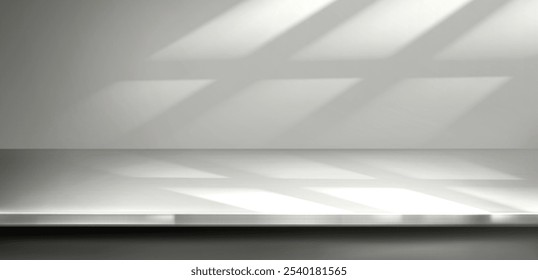 Superficie de escritorio de cocina de estilo limbo de metal minimalista iluminada por la luz de la ventana que crea patrones de sombra diagonales. Fondo de cocina monocromático limpio 3d realista. Configuración de Profesional para la visualización del producto.