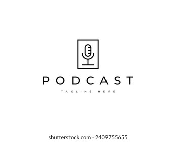 minimal microphone with a square line logo design. podcast, music, comedy, radio logo.