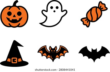 A minimal microstock vector icon collection featuring classic Halloween characters and objects based on the style