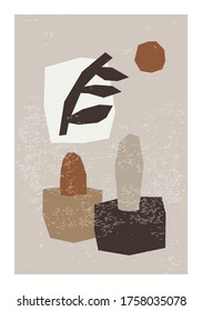 Minimal mid century wall art poster with abstract organic geometric and floral shapes composition in trendy contemporary collage style, can be used as flyer, card, brochure etc