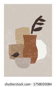 Minimal mid century wall art poster with abstract organic geometric and floral shapes composition in trendy contemporary collage style, can be used as flyer, card, brochure etc