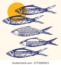 Minimal milkfish pattern with sun element in a coastal summer style. Tropical marine seafood theme inspired by ocean life, perfect for branding, packaging, prints, posters, and modern coastal design projects.