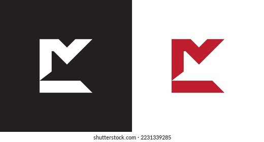 Minimal ML logo. Icon of a LM letter on a luxury background. Logo idea based on the ML monogram initials. Professional variety letter symbol and LM logo on black and red background.