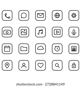 Minimal mobile app UI icon set. Vector outline interface symbols collection in rounded squares.