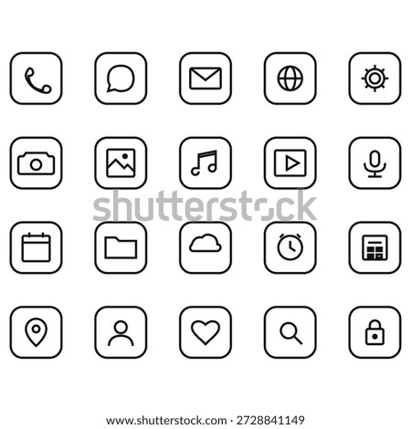 Minimal mobile app UI icon set. Vector outline interface symbols collection in rounded squares.