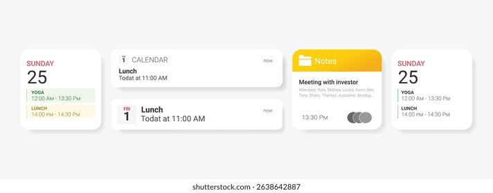 Minimal mobile style notes and calendar widgets. Includes daily planner, schedule, events, reminders, and meeting notes. Perfect for UI, UX, apps, and productivity interfaces. 