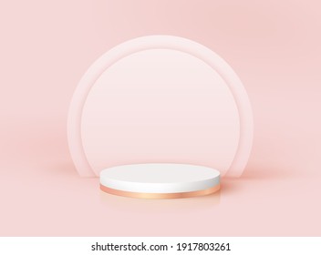 Minimal modern 3d podium with art deco arc. Vector pedestal platform for product cosmetic, fashion studio display. Nomination award stand mockup, realistic scene render design. Geometric empty stage